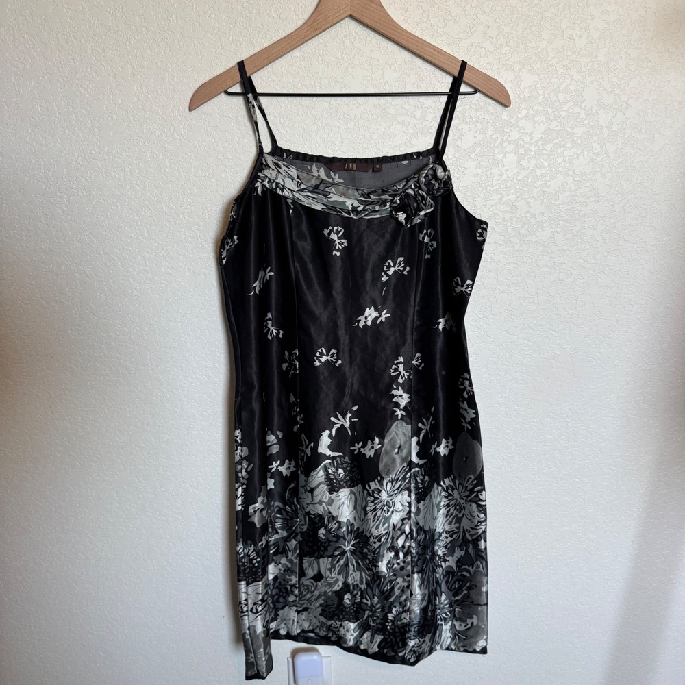 Y2K Whimsygoth Grunge, AND Floral Satin Slip Dress, Black/Silver, Size 12